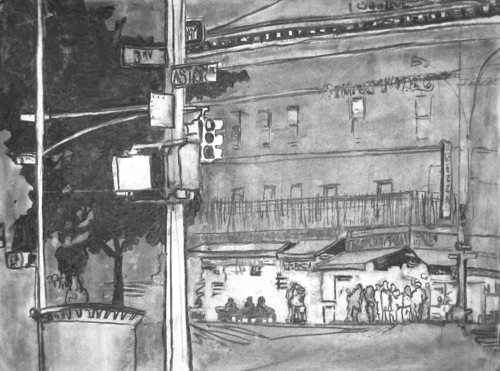 Night View St Marks Place (sold); 
Willow Charcoal/Paper, 2014; 
18 x 24 in.